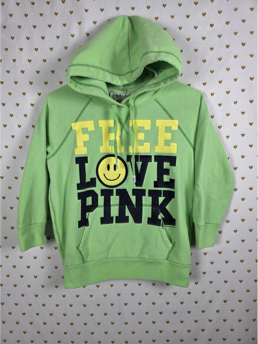 Victorias Secret Pink FREE LOVE Green VINTAGE Rare Hoodie Sweater Y2K Small